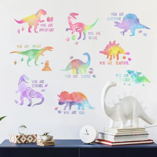 Miniatura 4 de Yovkky Calcomanías inspiradoras de pared de dinosaurio degradado pastel, con cita motivacional de dinosaurio, decoración neutra para guardería