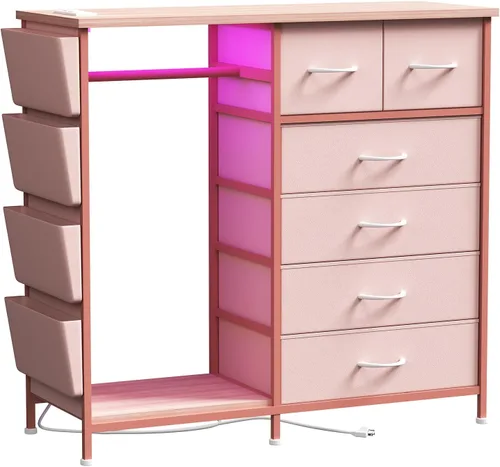 Miniatura 8 de Cómoda de 6 cajones para dormitorio con perchero, cómoda con bolsillos laterales y ganchos, estación de carga y luces LED, parte superior de madera