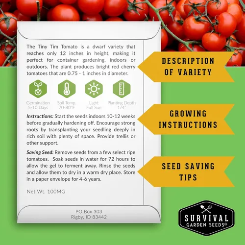 Miniatura 2 de Tiny Tim Semillas de tomate – Tomates cherry enanos para plantar en interiores o patio, variedad de reliquia compacta para contenedores, alto