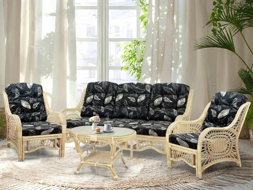Miniatura 33 de Malibu Lounge Juego de 4: 2 sillas de mimbre de ratán natural, sofá de tres plazas con cojines marrón claro y mesa de centro con vidrio hecho a