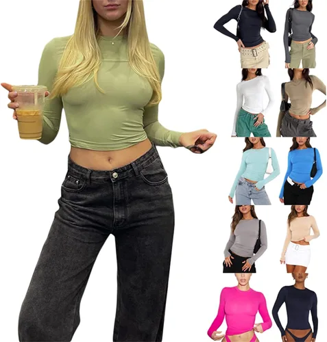 Miniatura 6 de Camiseta básica sexy para mujer, cuello redondo, manga larga, ajustada, color liso, ropa de calle