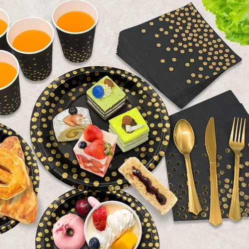 Miniatura 4 de AIRE 175 piezas Vajilla de papel negra y dorada para 25 invitados, suministros desechables para fiestas, vajilla con puntos dorados en platos 175