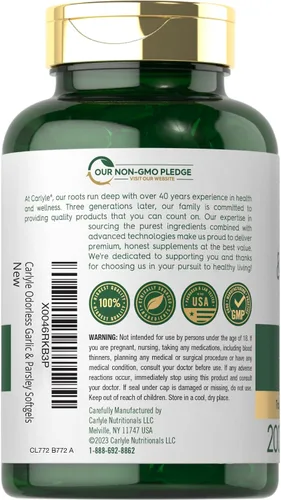 Miniatura 3 de Carlyle Suplemento de ajo y perejil inodoro 200 cápsulas blandas Fórmula sin OMG y sin gluten