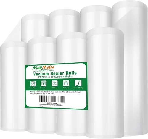 MakMeFre Paquete de 8 rollos de bolsas selladoras al vacío de 8 x 20 pies (4 rollos) y 11 x 20 pies (4 rollos) para alimentos, grado comercial, sin