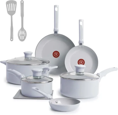 Miniatura 18 de T-Fal Refresh - Juego de batería de cocina antiadherente de cerámica, juego de ollas y sartenes de cerámica de 12 piezas, incluye olla grande, Gris
