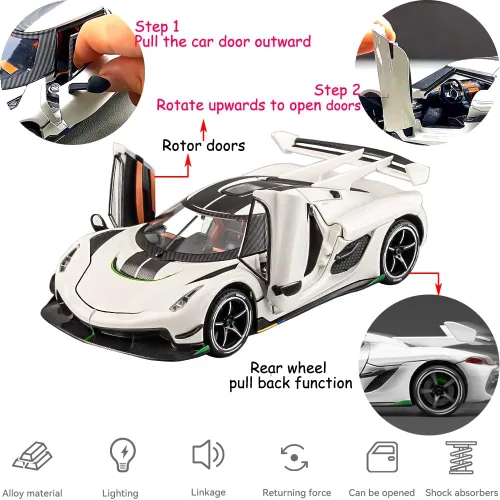 Miniatura 3 de Therina - Coches de juguete modelo Koenigsegg Jesko 1/24 de aleación blanca, vehículos fundidos a troquel coleccionables con sonido y luz