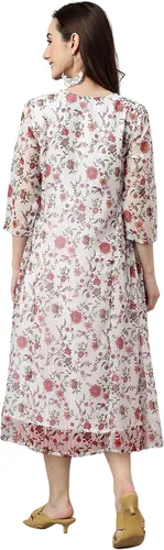 Miniatura 6 de Janasya Vestido acampanado con estampado floral de lúrex de gasa blanca para mujer india