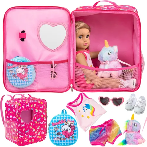 K.T.Fancy - Juego de 7 bolsas de muñecas de 18 pulgadas y accesorios, incluyendo ropa, zapatos, lentes de sol, mochila para muñecas y unicornio de