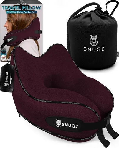 SNUGL Almohada de viaje – Almohadas de espuma viscoelástica – Almohada para el cuello para avión con bolsa de transporte y clip – Almohadas de apoyo
