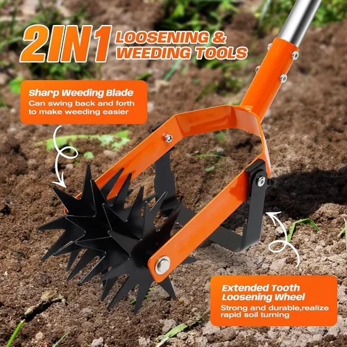 Miniatura 3 de Herramienta cultivadora giratoria de 72 pulgadas, cultivador manual para jardinería, cultivador de jardín 2 en 1 con mango ajustable para aflojar
