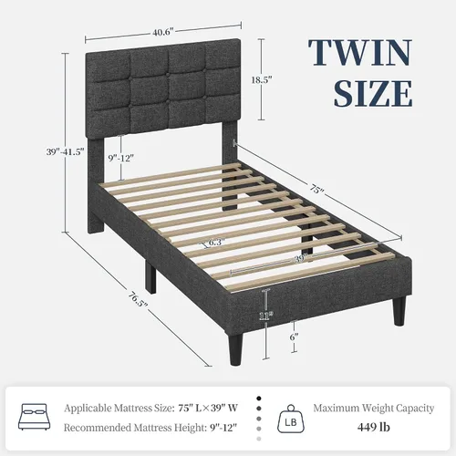 Miniatura 2 de Yaheetech Upholstered Bed Frame, Modern Twin Bed Platform with Square Stitched&Button Tufting Headboard Height Adjustable, Wooden Slats Support, No