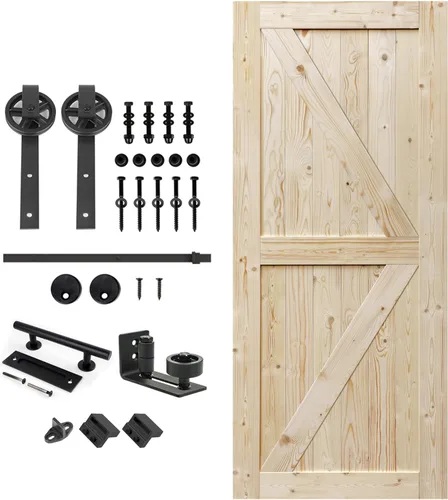 Miniatura 33 de S&Z TOPHAND 20 pulgadas x 84 pulgadas. Puerta de granero anudada británica sin terminar con kit de herrajes deslizantes de 4 pies/madera