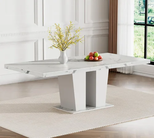 Miniatura 3 de Juego de 6 mesas de comedor extensibles de 62.99 a 78.74 pulgadas, mesa de comedor blanca y 6 sillas de comedor de terciopelo beige con patas