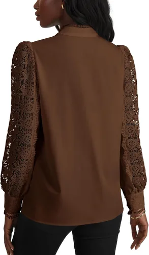 Miniatura 5 de Rooscier Blusa Elegante de Encaje de Crochet con Cuello Alto Simulado de Manga Larga con Botones para Mujer Top
