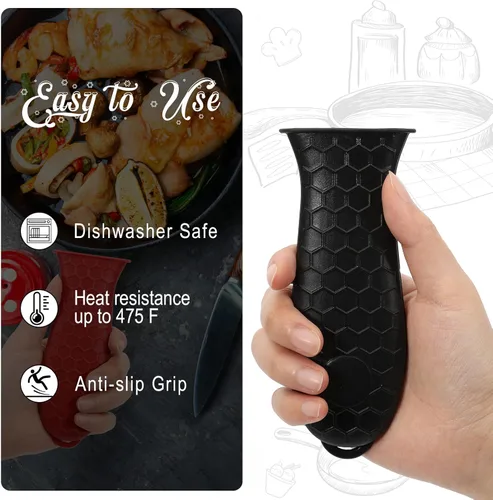 Miniatura 4 de Joyhalo Fundas para mango de sartén de hierro fundido, paquete de 6 fundas de silicona resistentes al calor, color negro