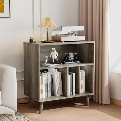 Miniatura 6 de VINGLI Soporte para tocadiscos con almacenamiento de vinilo abierto, mesa de almacenamiento de álbumes de mediados de siglo con luz LED de hasta 300