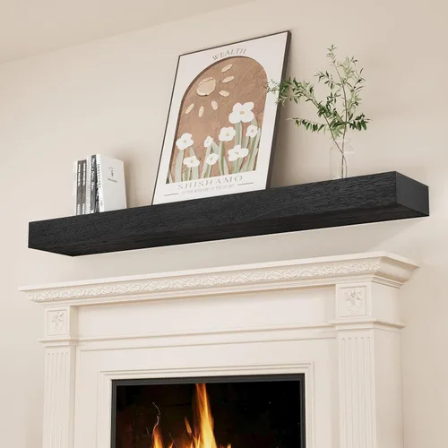 Miniatura 8 de SAUMONIERES Estantes para chimenea de madera maciza de 48 pulgadas, para montar en la pared, estantes flotantes largos, huecos, color marrón