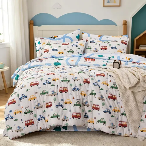 Miniatura 10 de NTBED Juego de edredón individual de 5 piezas con diseño de camión de construcción para niños varones, cama en una bolsa, vehículos excavadora, Azul