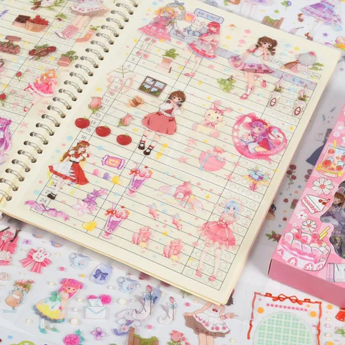 Miniatura 5 de 100 hojas de kit de calcomanías de chicas kawaii para diario - Lindas calcomanías de dibujos animados transparentes PET para álbumes de recortes