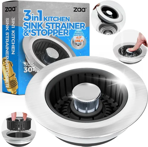 zaa Colador de drenaje para fregadero, tapón 3 en 1 para fregadero de cocina, tapón de drenaje de cocina de acero inoxidable y cubierta con colador