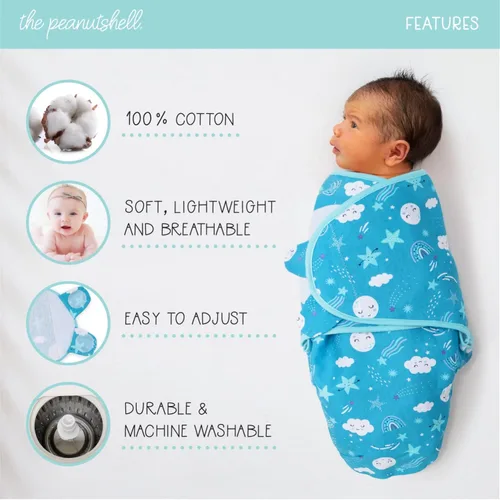 Miniatura 2 de The Peanutshell Juego de manta para bebé para niños o niñas, unisex, paquete de 3, nube y estrellas (mediano/grande 3-6 meses), Azul, verde azulado