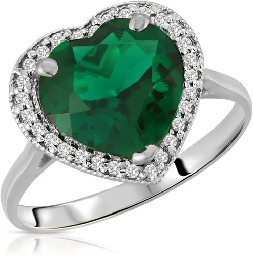 Miniatura 3 de Galaxy Gold GG Anillo de halo de diamantes naturales de esmeralda de oro blanco sólido de 14 quilates de 2.89 quilates con forma de corazón