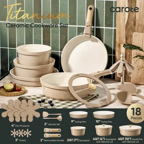Miniatura 2 de CAROTE Juego de 18 piezas de batería de cocina de cerámica con revestimiento antiadherente de titanio con asas desmontables, batería de cocina