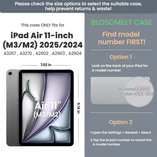 Miniatura 2 de BLOSOMEET Funda para iPad Air de 11 pulgadas M3 2025 y M2 2024 con protector de pantalla de vidrio templado y soporte para lápiz, funda para iPad