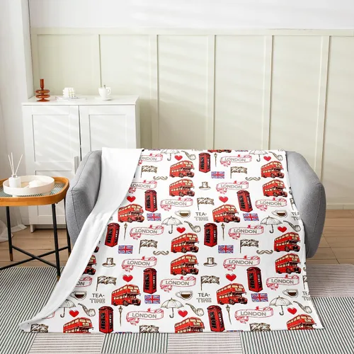 Manta británica de 40 x 50 pulgadas, manta de franela urbana londinense de forro polar para decoración de sofá, autobús rojo, para todas las