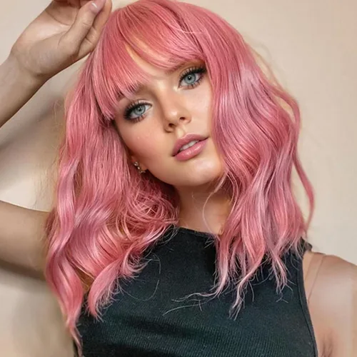 Miniatura 20 de VCKOVCKO Peluca natural ondulada rosa pastel, pelucas coloridas con flequillo de aire, pelucas cortas estilo Bob para mujer, pelucas largas hasta