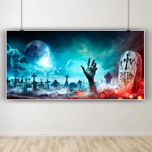 Miniatura 8 de Telón de fondo de Halloween para fotografía de cementerio de Halloween de 20 x 10 pies, telón de fondo de lápida de calavera aterradora, calabaza