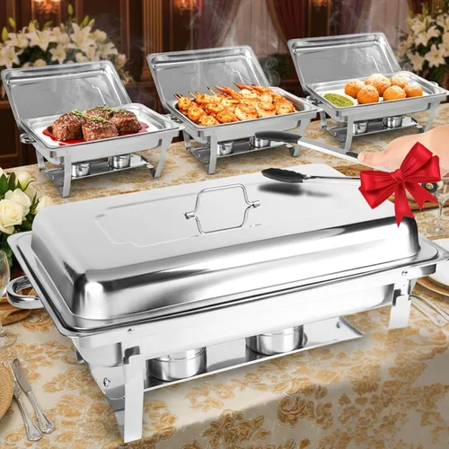 Platos de roce para buffet 9QT, paquete de 4 | 2 pinzas gratis | Instalación sin tornillos | Calentador de alimentos de acero inoxidable para