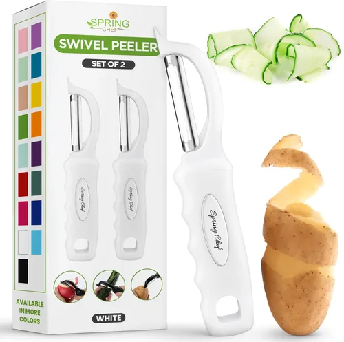 Miniatura 25 de Spring Chef Pelador de verduras giratorio profesional rojo para cocina, peladores de papas de acero inoxidable con mango de agarre suave, perfecto