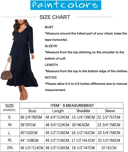 Miniatura 6 de Paintcolors Vestido largo casual de manga larga con cuello en V para mujer, vestido escalonado, color sólido, holgado, con vuelo, vestido midi