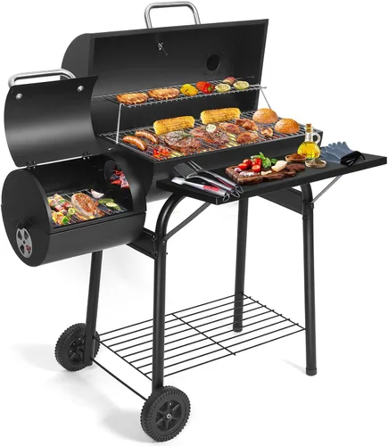 Miniatura 8 de Parrilla de carbón con ahumador offset: parrillas de carbón con área de cocina espaciosa Combo de parrilla de barril y ahumadores para patio
