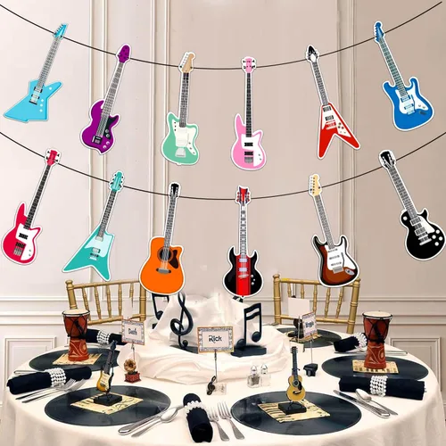 Miniatura 4 de Cartel de feliz cumpleaños de guitarra, decoración geométrica multicolor para fiestas temáticas de música para niños y niñas, 5 x 78 pulgadas