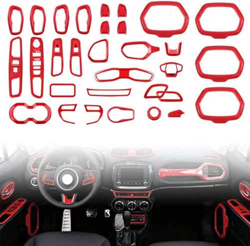 Miniatura 9 de Juego de 31 piezas de decoración interior de automóvil, accesorios de decoración para Jeep Renegade 2015-2018 (negro)