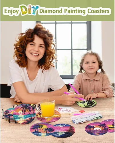 Miniatura 8 de Clendo 8 Piezas de Kits de Posavasos de Pintura de Diamante, Kits de Arte de Diamante de Paisaje DIY con Soporte, Pequeños Kits de Pintura