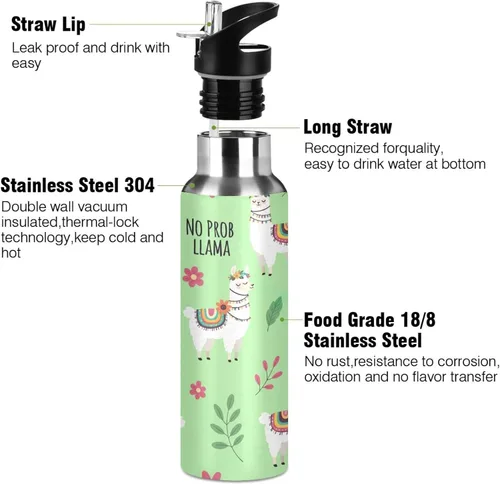 Miniatura 3 de Insulated Stainless Steel Water Bottle with Straw 20 Oz, BPA-Free Sports Water Bottle with Straw for Gym Outdoor Travel School, Cute Llamas Flowers