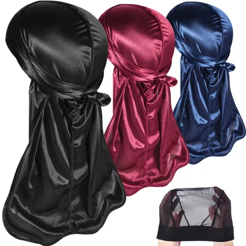 Miniatura 35 de Paquete de 3 piezas de durags sedosas para ondas de hombres, de regalo 1 gorra para marcar las ondas, talla única