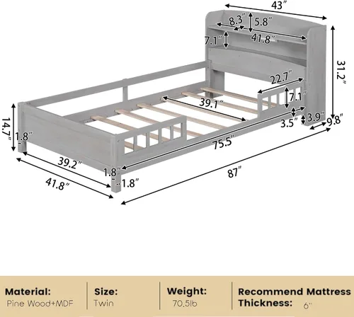 Miniatura 2 de Bellemave Base de cama individual con cabecera de almacenamiento y rieles para vallas, camas de plataforma baja de madera con luz LED y soporte