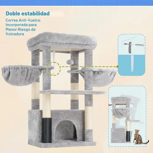 Miniatura 7 de Hey-brother Torre para Gatos con Plataforma Extra Grande, Condominio Espacioso, 2 Hamacas Cómodas, Cepillo de Auto-Acicalamiento, Postes Rascadores