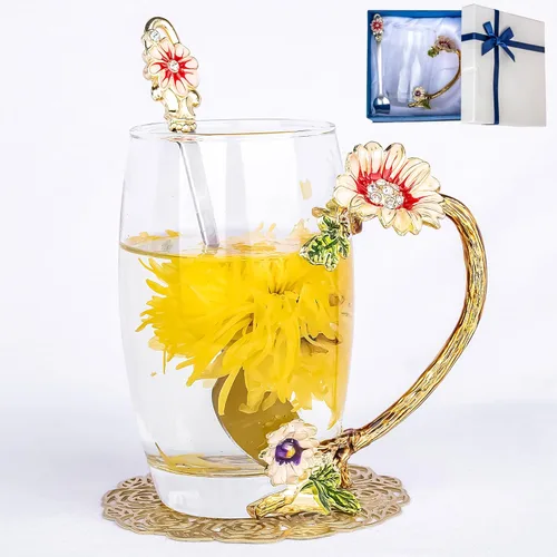 Miniatura 16 de Taza de té con flores, taza de café de vidrio transparente elegante con cuchara, caja de regalo para ella, mamá, esposa, abuela, niñas, amigas, idea