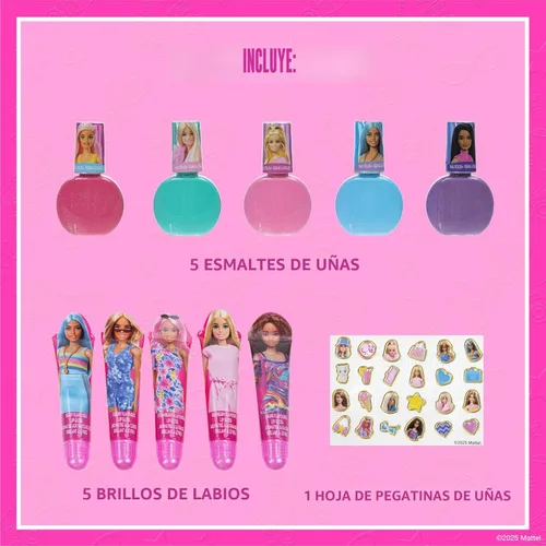 Miniatura 2 de Set de maquillaje cosmético Barbie para niñas con brillo de labios súper brillante, esmalte de uñas y pegatinas para uñas 11 piezas, perfecto