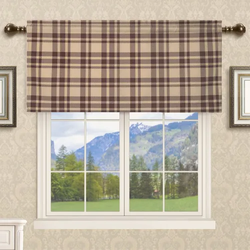 Miniatura 3 de Cortinas con cenefas temáticas geométricas, patrón geométrico a cuadros para sala de estar, cenefa para ventanas con bolsillo para barra, cenefa