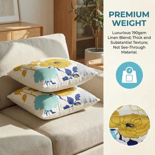 Miniatura 3 de Juego de 2 fundas de almohada de lino y algodón para sofá, 7.1 x 7.1 pulgadas, serie de pájaros y flores, mezcla de algodón, Amarillo y agua