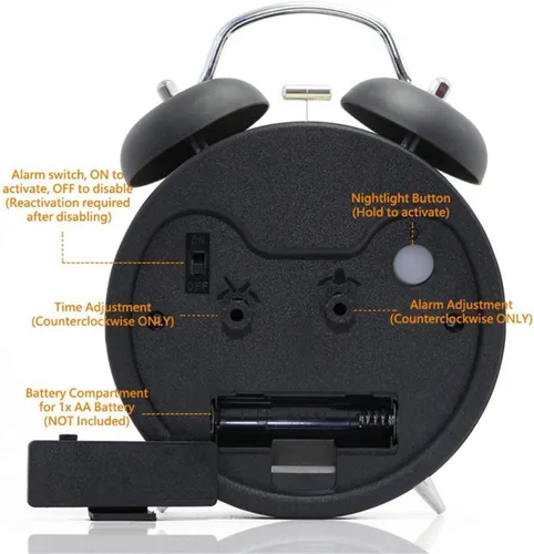 Miniatura 4 de TXY Reloj despertador clásico de doble campana para dormitorio con esfera estereoscópica, carcasa esmerilada, luz de fondo, tono de llamada mecánico