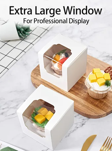 Miniatura 6 de Happyhiram Cajas para cupcakes, 50 unidades, color blanco, individual, soportes de cartón con inserto y ventana para magdalenas, bombas de cacao