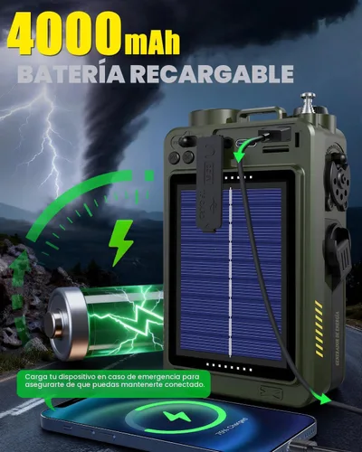 Miniatura 5 de Emgykit R11 Radio de emergencia de manivela - 4000 mAh/14800 mWh NOAA/SW/AM/FM, carga solar/manual/USB, receptor Bluetooth/USB/reproducción TF