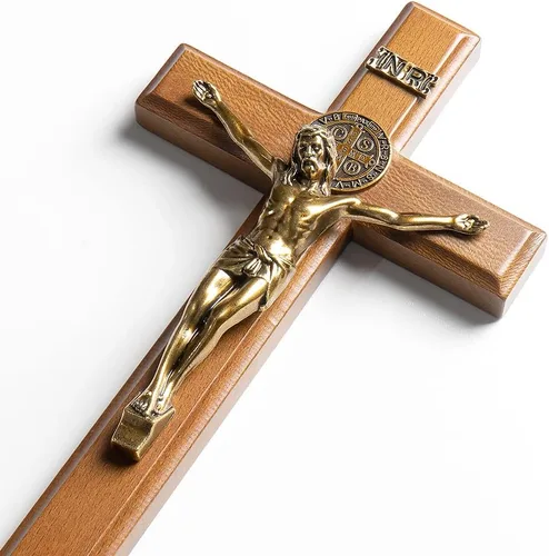 Miniatura 2 de KUXBET Cruz Crucifijo Católica de 10.7 Pulgadas de Madera con Jesucristo Cruz de Pared con Soporte, para Colgar o Mesa con Soporte para Decoración